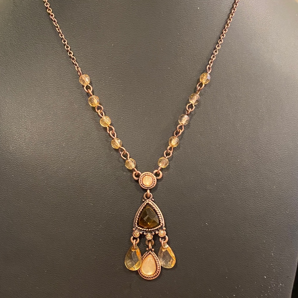1928 Gold-Tone Citrine Color Drop Pendant Necklace with Faceted Beads